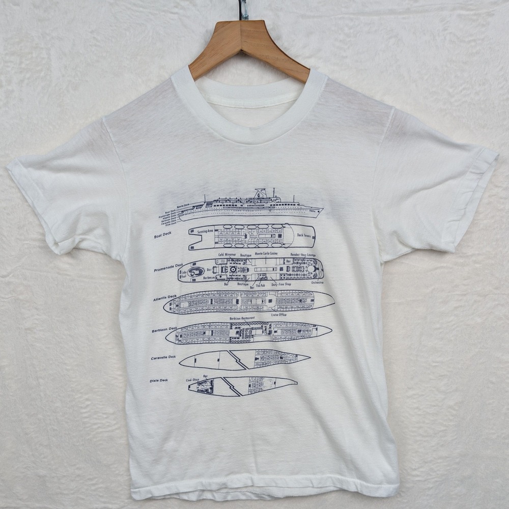 VTG SS Dolphin T-Shirt Mens S White Cruise Ship Blueprint Deck Paper Thin 80s